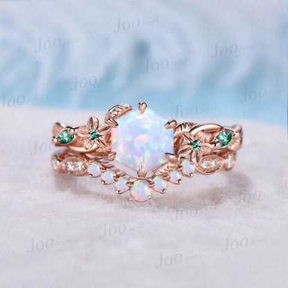 Nature Inspired Flower Opal Ring Set 10K Rose Gold Hexagon Opal Branch Engagement Ring Green Emerald Wedding Ring October Birthstone Gifts