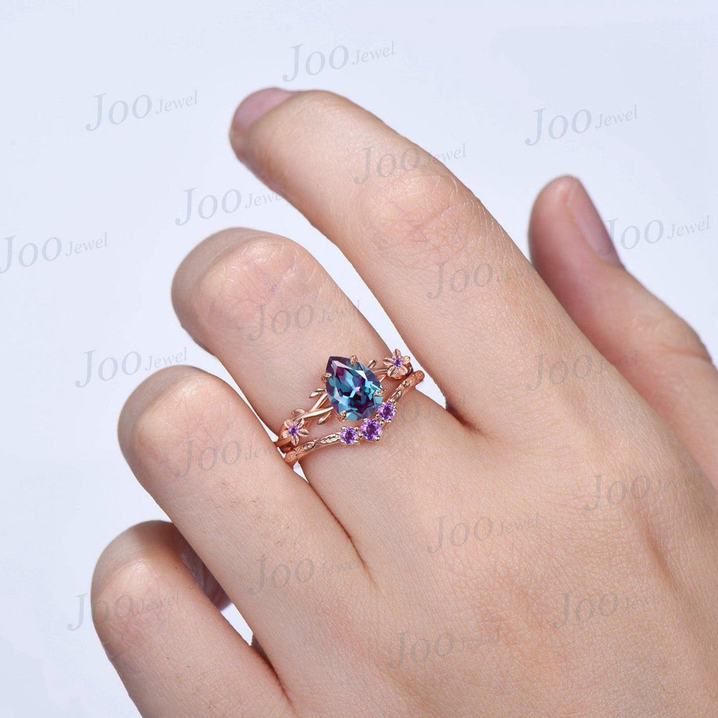 1.25ct Nature Inspired Flower Color-Change Alexandrite Twig Engagement Ring Amethyst Branch Vine Floral Wedding Ring Alexandrite Bridal Set