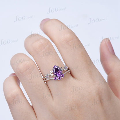 1.25ct Nature Inspired Flower Natural Purple Amethyst Twig Engagement Ring Branch Vine Floral Amethyst Wedding Ring Pear Bridal Ring Set