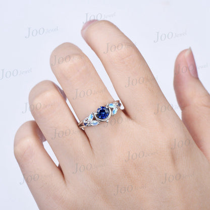 5mm Round Natural Blue Sapphire Moon Engagement Ring 10K White Gold Moonstone Celestial Wedding Ring Split Shank Band Unique Promise Ring Gifts