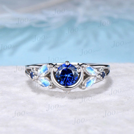 5mm Round Natural Blue Sapphire Moon Engagement Ring 10K White Gold Moonstone Celestial Wedding Ring Split Shank Band Unique Promise Ring Gifts