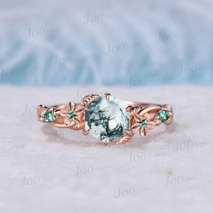 1ct Natural Moss Agate Bridal Set Nature Inspired Floral Hexagon Moss Agate Ring Unique Handmade Emerald Opal Leaf Flower Engagement Rings