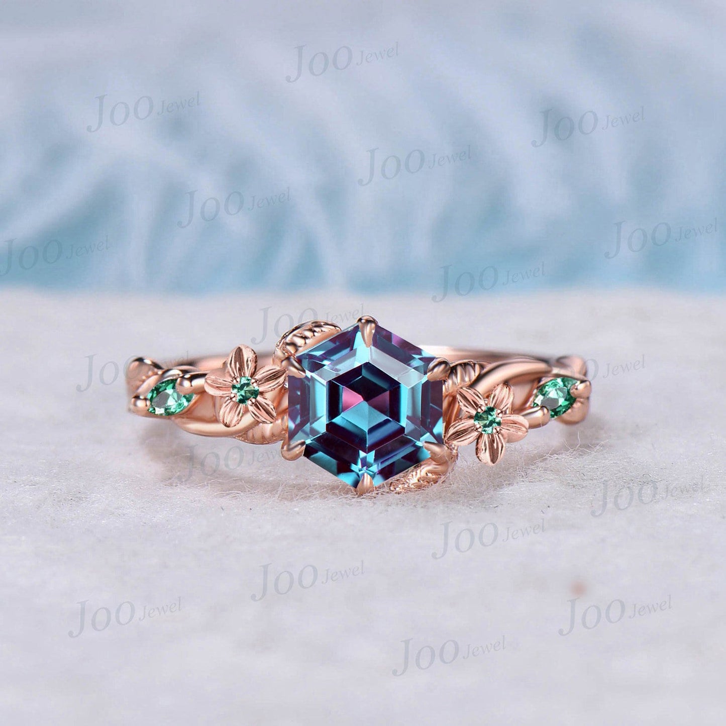1ct Hexagon Color-Change Alexandrite Bridal Set Nature Floral Alexandrite Ring Vintage Handmade Emerald Opal Leaf Rose Flower Wedding Ring