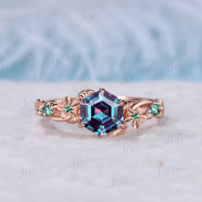 1ct Hexagon Color-Change Alexandrite Bridal Set Nature Floral Alexandrite Ring Vintage Handmade Emerald Opal Leaf Rose Flower Wedding Ring