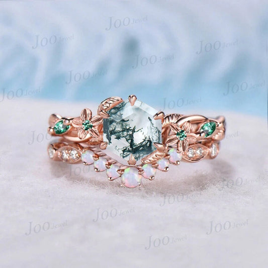 1ct Natural Moss Agate Bridal Set Nature Inspired Floral Hexagon Moss Agate Ring Unique Handmade Emerald Opal Leaf Flower Engagement Rings