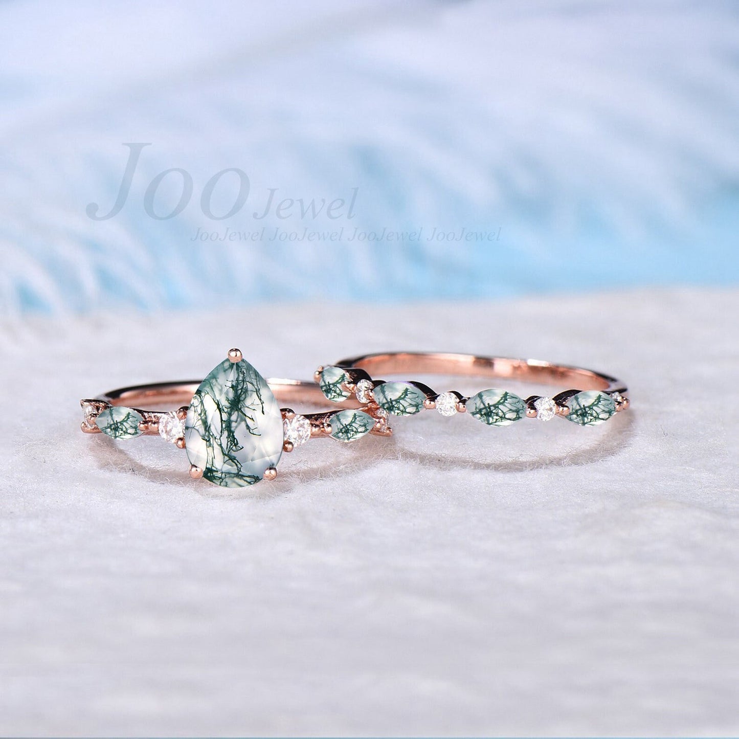 Pear Shaped Natural Moss Agate Engagement Ring Set Green Gemstone Jewelry Moss Agate Half Eternity Wedding Band Moss Bridal Set Promise Ring