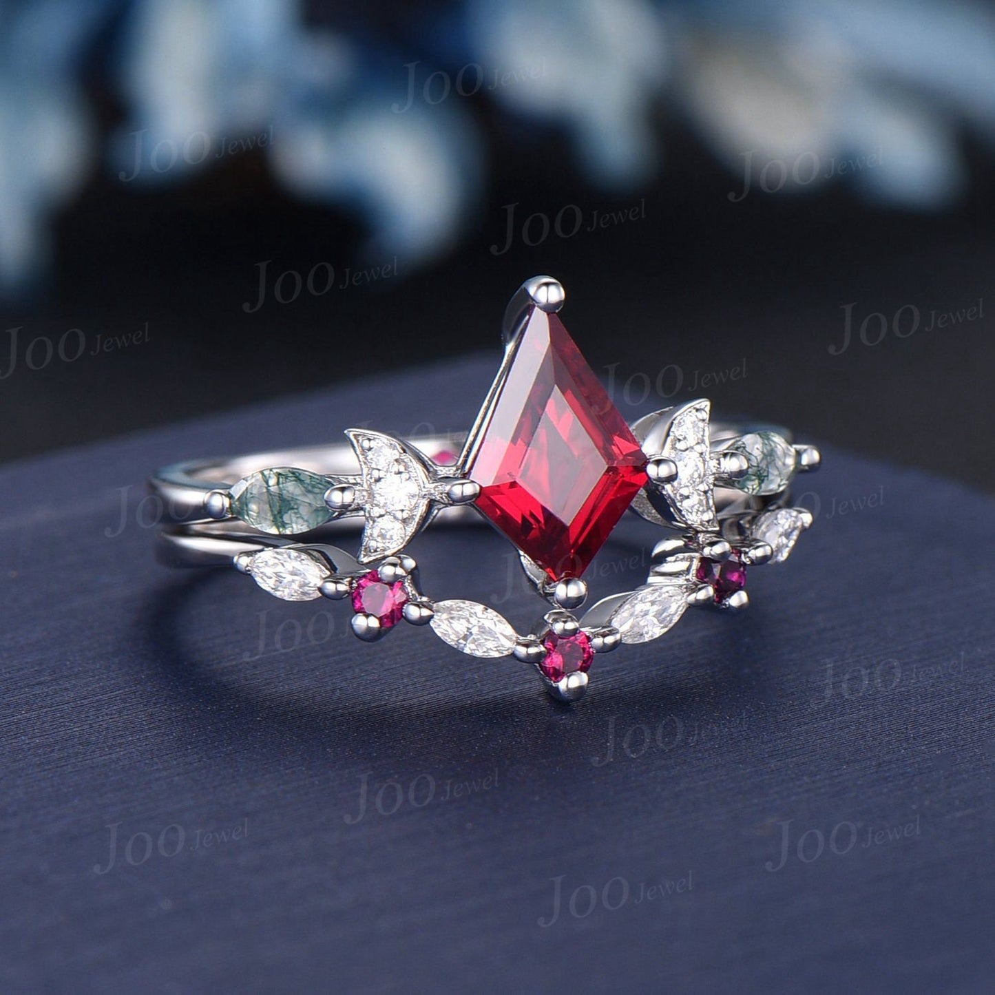 1ct Kite Ruby Bridal Set Vintage Ruby Celestial Engagement Ring Triple Moon Moss Agate Wedding Ring Sterling Silver Ruby Moissanite Ring Set