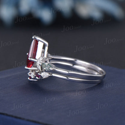 1ct Kite Ruby Bridal Set Vintage Ruby Celestial Engagement Ring Triple Moon Moss Agate Wedding Ring Sterling Silver Ruby Moissanite Ring Set