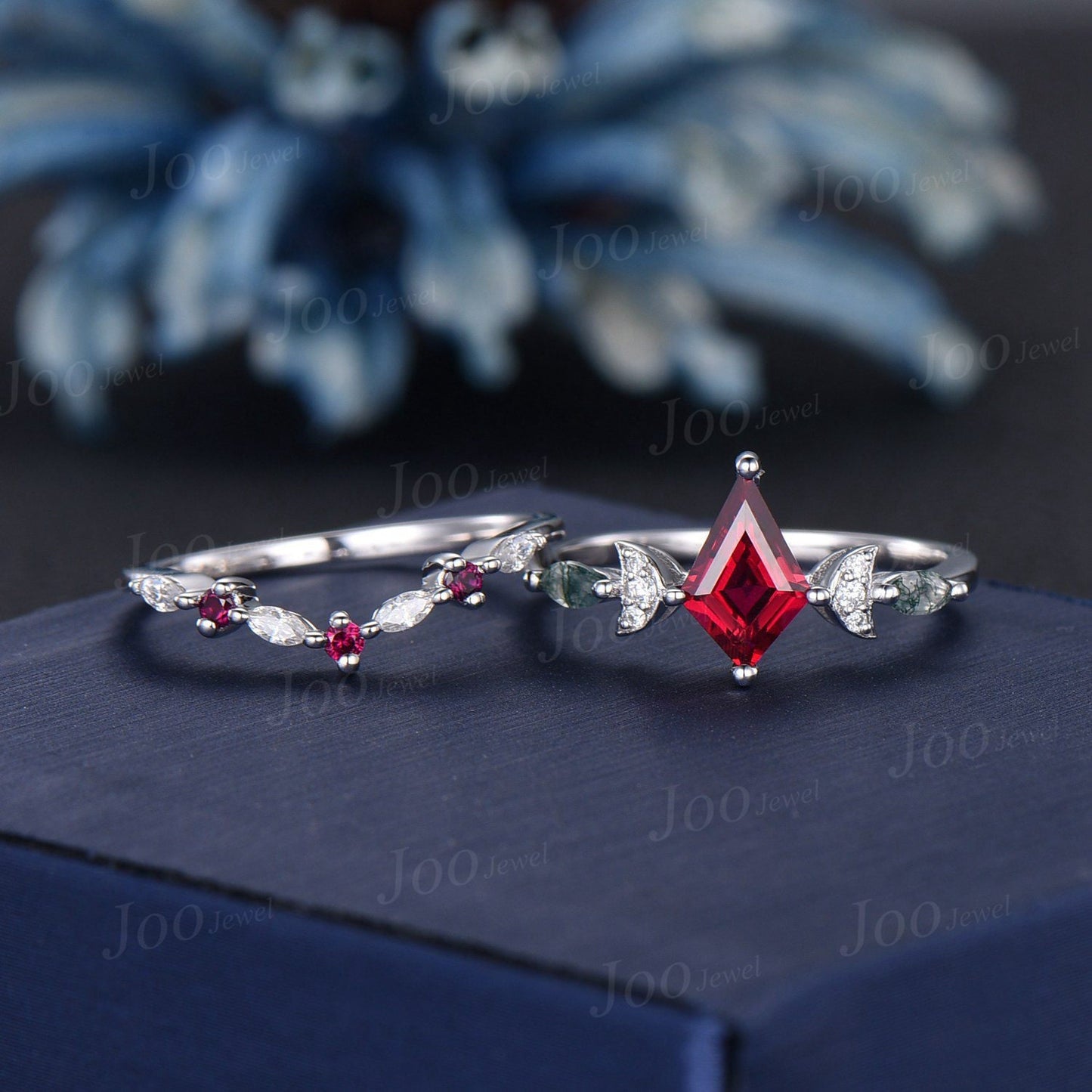 1ct Kite Ruby Bridal Set Vintage Ruby Celestial Engagement Ring Triple Moon Moss Agate Wedding Ring Sterling Silver Ruby Moissanite Ring Set