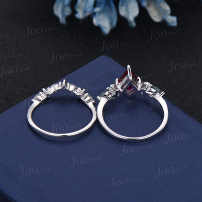 1ct Kite Ruby Bridal Set Vintage Ruby Celestial Engagement Ring Triple Moon Moss Agate Wedding Ring Sterling Silver Ruby Moissanite Ring Set