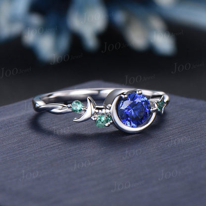 5mm Round Cut Blue Sapphire Moon Engagement Ring Cluster Star Emerald Ring Sterling Silver Celestial Wedding Ring Asymmetrical Promise Ring