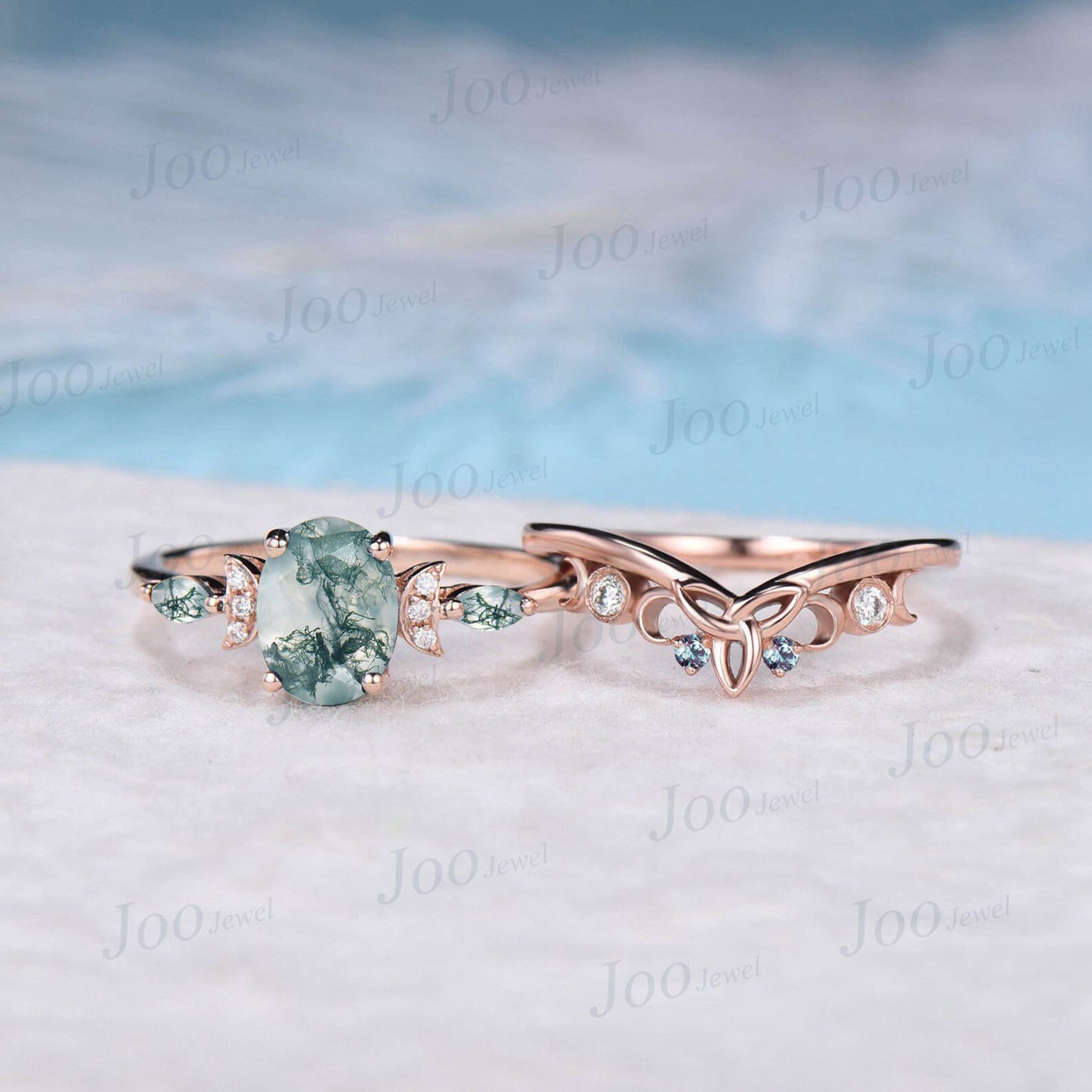 1.5ct Oval Cut Natural Moss Agate Diamond Celestial Engagement Ring Triple Moon Celtic Knot Alexandrite Band Rose Gold Moss Agate Bridal Set