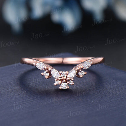 Marquise Moissanite Contour Wedding Band Rose Gold Moissanite Diamond Curved Nesting Band Unique Vintage Stacking Matching Anniversary Band