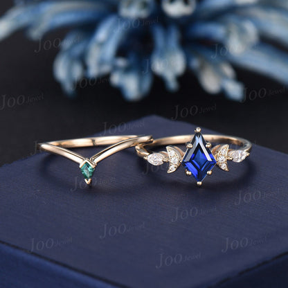 Unique Kite Cut Blue Sapphire Wedding Ring Set 14K Yellow Gold Moissanite Crescent Moon Engagement Ring Green Emerald Wedding Band Women