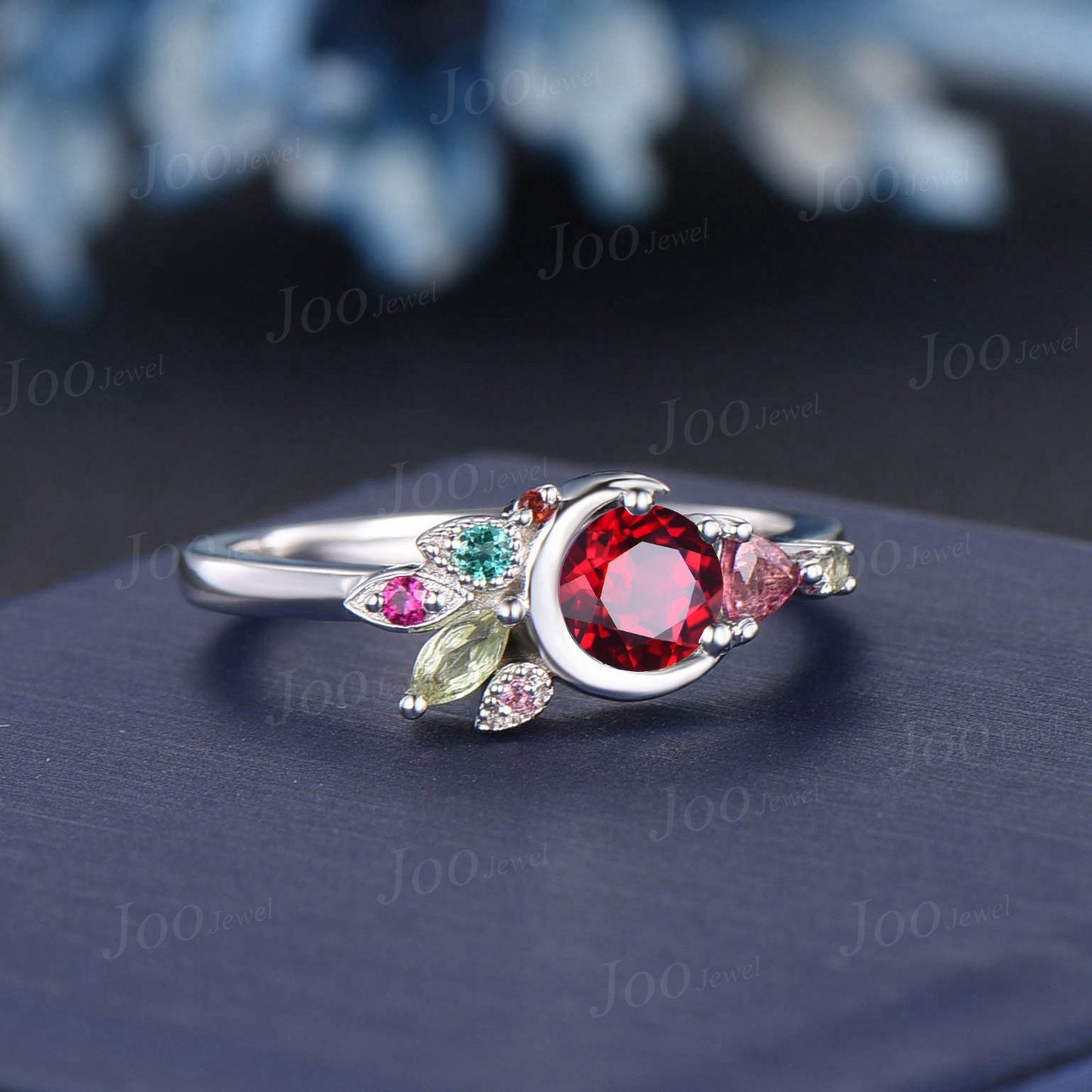 5mm Round Cut Red Ruby Engagement Ring 10K White Gold Moon Wedding Ring Personalized  Cluster Natural Pink Tourmaline Emerald Promise Ring