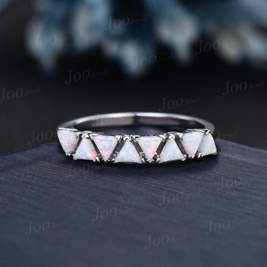 Trillion Cut White Opal Wedding Band for Women Vintage Gold Triangle Shaped Half Eternity Opal Band Unique October Birthstone Birthday Gifts