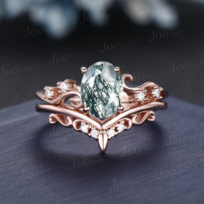 1.5ct Oval Natural Green Moss Agate Engagement Ring Rose Gold Cluster Infinity Moissanite Bridal Set Antique Flower Filigree Wedding Ring