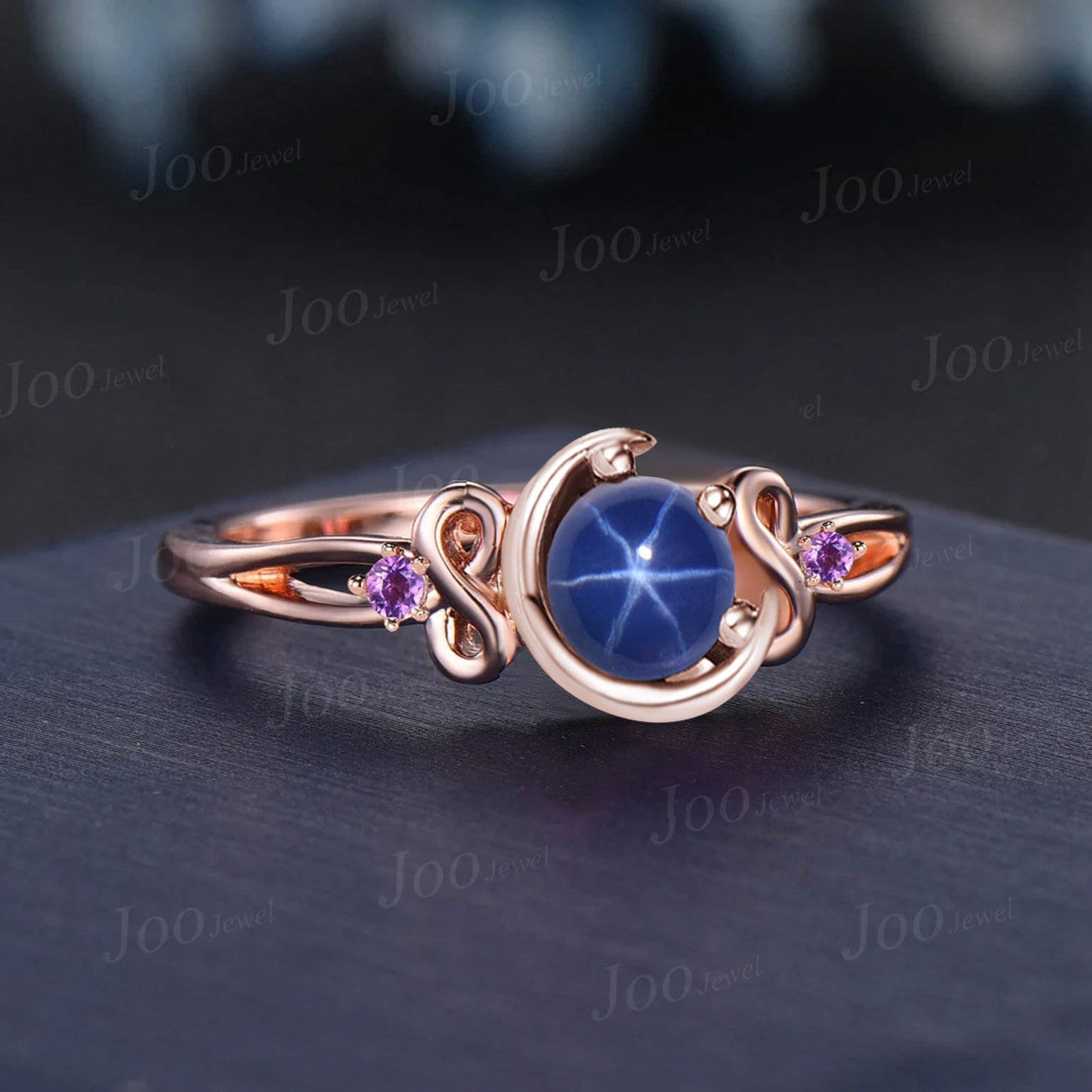 5mm Round Star Sapphire Moon Engagement Ring Amethyst Infinity Wedding Ring Split Shank Band Unique Personalized Anniversary/Promise Ring