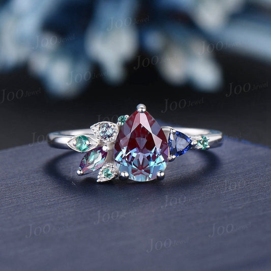 1.25ct Pear Cut Color-Change Alexandrite Engagement Ring Marquise Alexandrite Ring Cluster Green Emerlad Wedding Ring June Birthstone Gifts