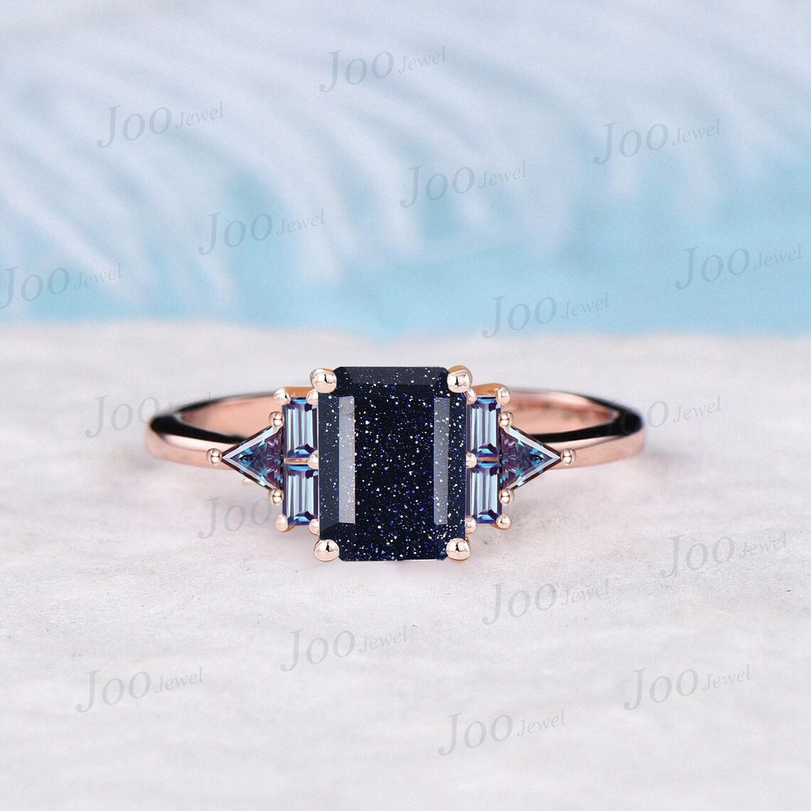 2ct Emerald Cut Galaxy Blue Sandstone Ring Art Deco Rose Gold Gemstone Ring Cluster Baguette Triangle Alexandrite Ring Personalized Gifts
