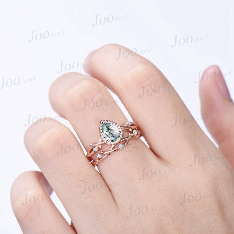 Nature Inspired Halo Moss Agate Ring Pear Wedding Ring 14K Rose Gold Twig Vine Cluster Moissanite Diamond Ring Unique Anniversary Gift Women