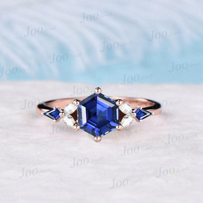 1ct Hexagon Blue Sapphire Engagement Ring Cluster Pear Moissanite Kite Sapphire Wedding Ring September Birthstone Gift Unique Promise Rings