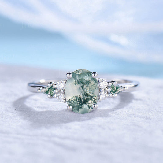 1.5ct Oval Natural Moss Agate Engagement Rings Sterling Silver Cluster Kite Aquatic Agate Promise Ring Moissanite Wedding Ring Unique Gifts