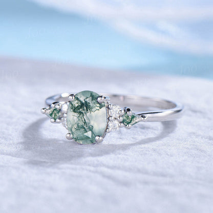 1.5ct Oval Natural Moss Agate Engagement Rings Sterling Silver Cluster Kite Aquatic Agate Promise Ring Moissanite Wedding Ring Unique Gifts