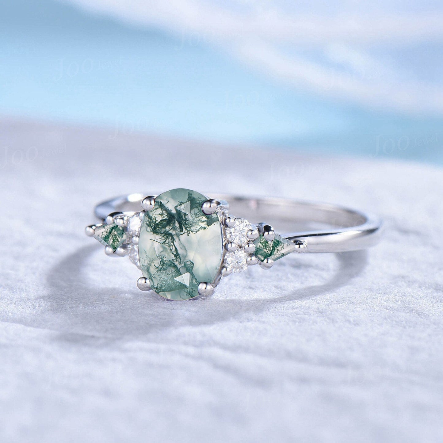 1.5ct Oval Natural Moss Agate Engagement Rings Sterling Silver Cluster Kite Aquatic Agate Promise Ring Moissanite Wedding Ring Unique Gifts