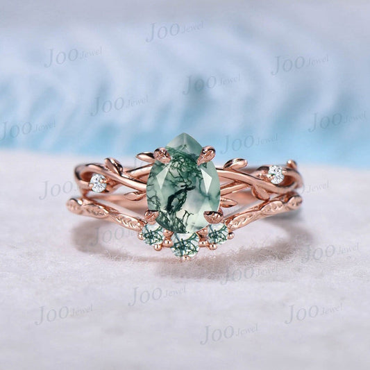 1.25ct Pear Moss Agate Ring Twig Nature Engagement Ring Green Gemstone Jewelry Moissanite Branch Vine Wedding Ring Moss Agate Bridal Set