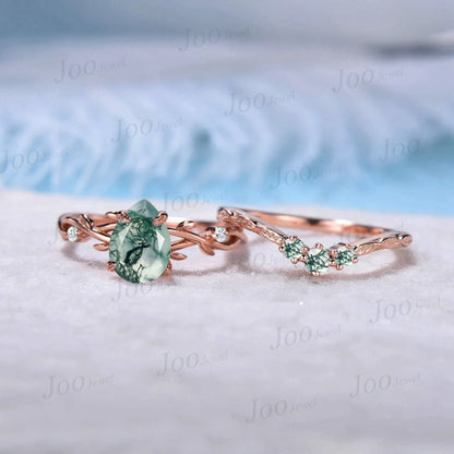 1.25ct Pear Moss Agate Ring Twig Nature Engagement Ring Green Gemstone Jewelry Moissanite Branch Vine Wedding Ring Moss Agate Bridal Set