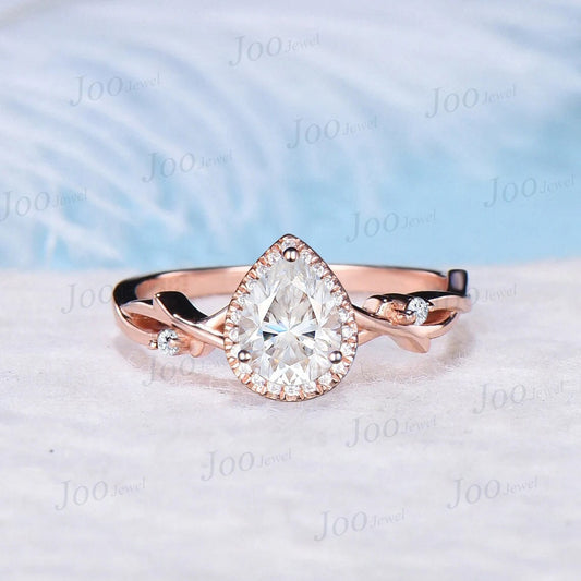 Halo Moissanite Ring Nature Inspired Pear Wedding Ring 14K Rose Gold Twig Vine Cluster Moissanite Diamond Ring Unique Anniversary Gift Women
