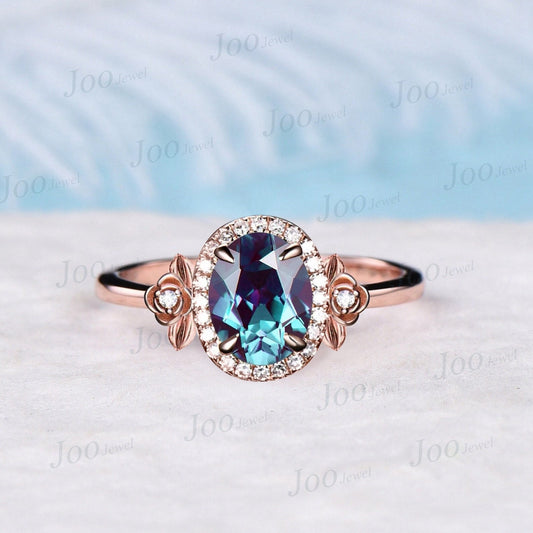 Vintage Unique Color-Change Oval Alexandrite Engagement Ring Rose Gold Halo Diamond Ring Art Deco Leaf Flower Bridal Wedding Ring For Women