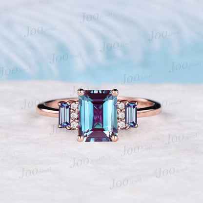 2ct Emerald Cut Alexandrite Rings Unique Color Change Gemstone Jewelry Baguette Round Moissanite Ring Unique June Birthstone Wedding Rings