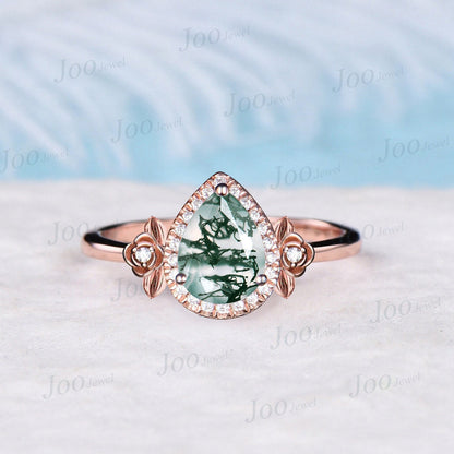 Pear Cut Moss Agate Engagement Ring Halo Wedding Ring 14K Rose Gold Leaf Flower Cluster Moissanite Alexandrite Ring Unique Anniversary Gifts