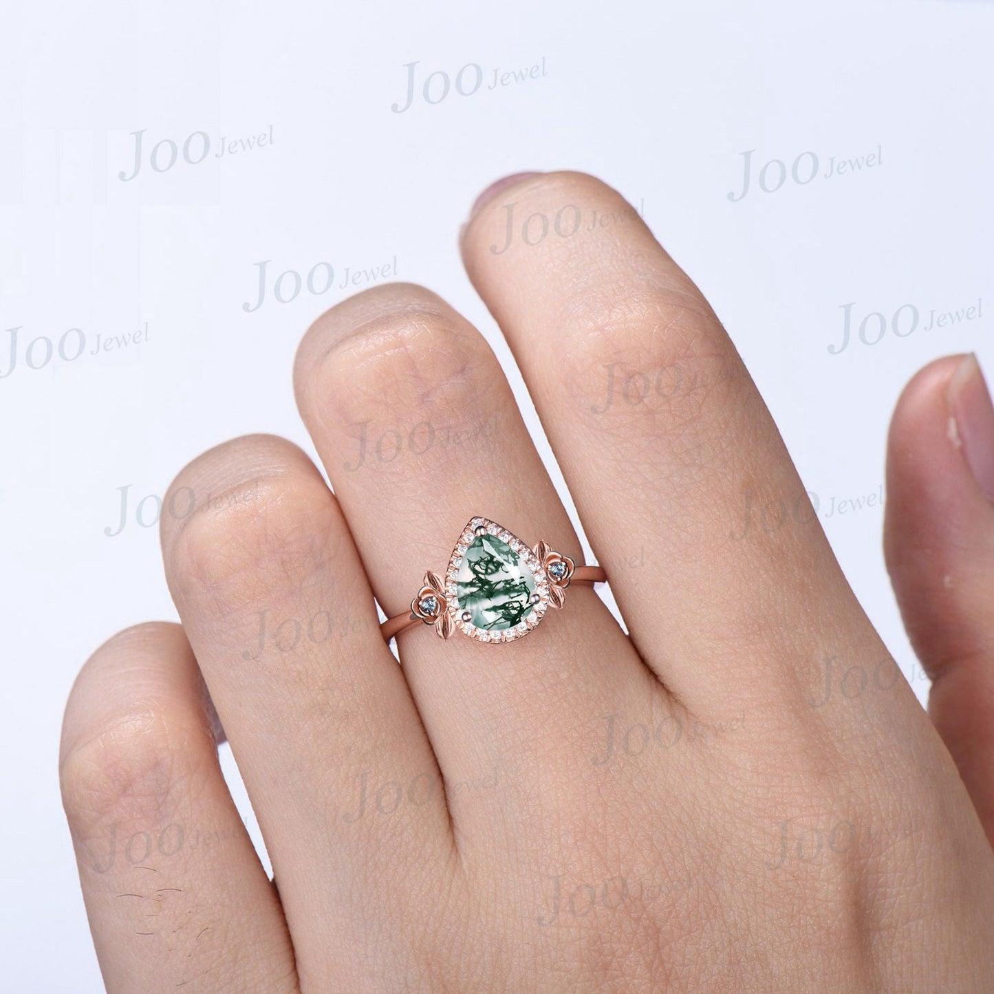 Pear Cut Moss Agate Engagement Ring Halo Wedding Ring 14K Rose Gold Leaf Flower Cluster Moissanite Alexandrite Ring Unique Anniversary Gifts
