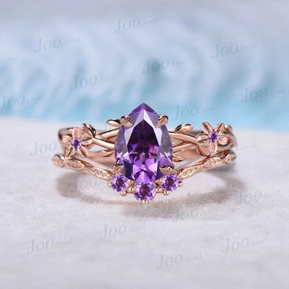 1.25ct Nature Inspired Flower Natural Purple Amethyst Twig Engagement Ring Branch Vine Floral Amethyst Wedding Ring Pear Bridal Ring Set