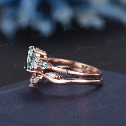 1.5ct Oval Natural Green Moss Agate Engagement Ring Set 10K Rose Gold Cluster Marquise Aquatic Agate Bridal Set Moss Moissanite Wedding Band
