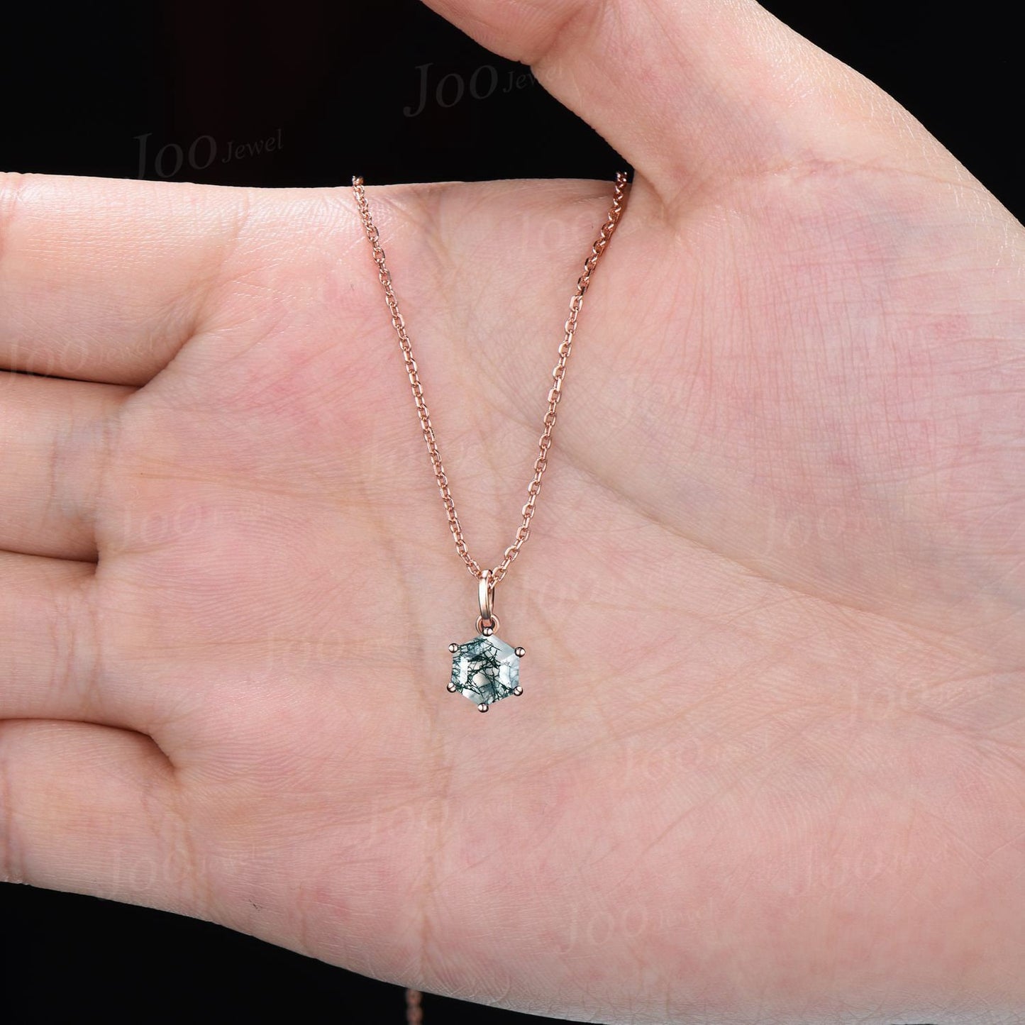 Silver Hexagon Natural Moss Agate Necklace Solid 14k/18k Rose Gold Vintage Personalized Solitaire Wedding Pendant Anniversary Bridal Gifts