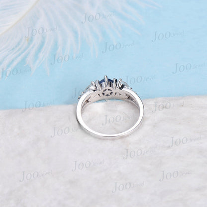 5mm Round Natural Blue Sapphire Moon Engagement Ring 10K White Gold Moonstone Celestial Wedding Ring Split Shank Band Unique Promise Ring Gifts