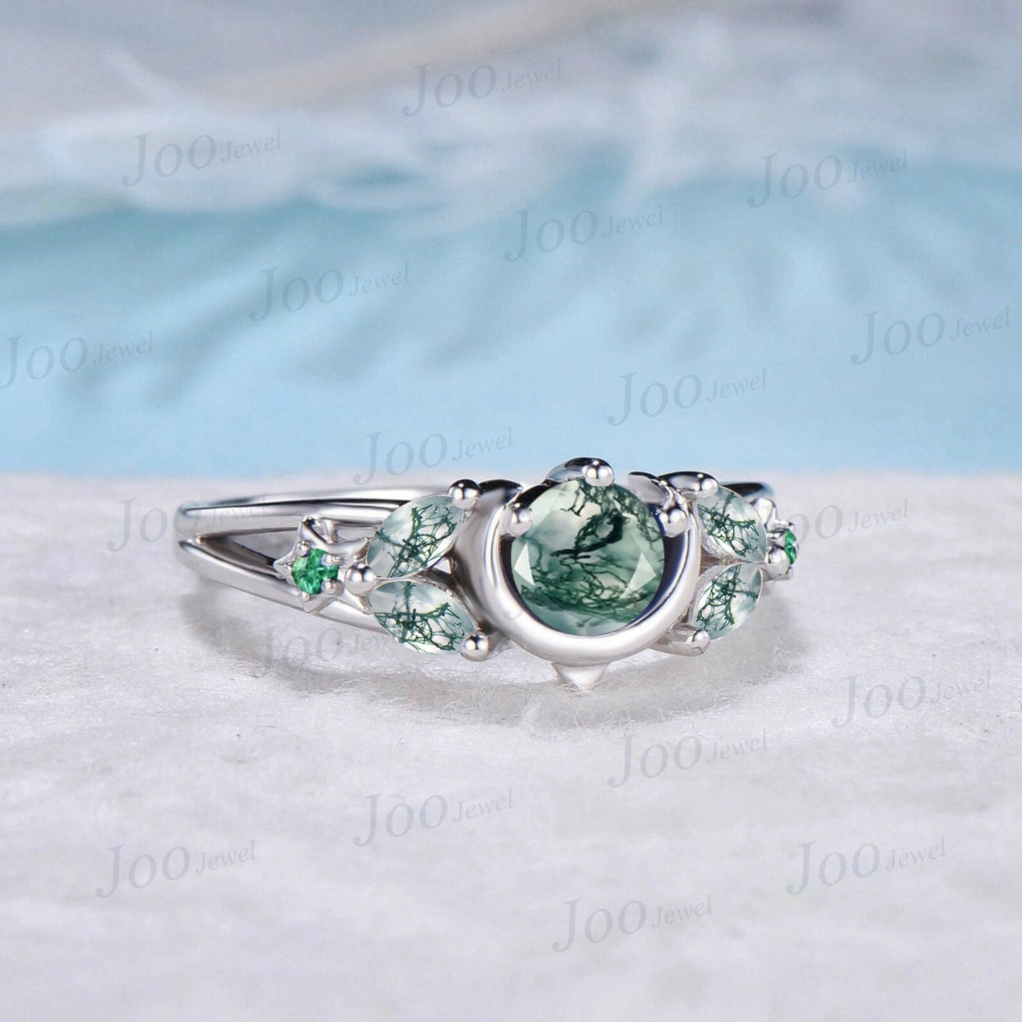 5mm Round Natural Moss Agate Engagement Ring 10K White Gold Moonstone Blue Sapphire Celestial Moon Wedding Ring Split Shank Band Unique Gift