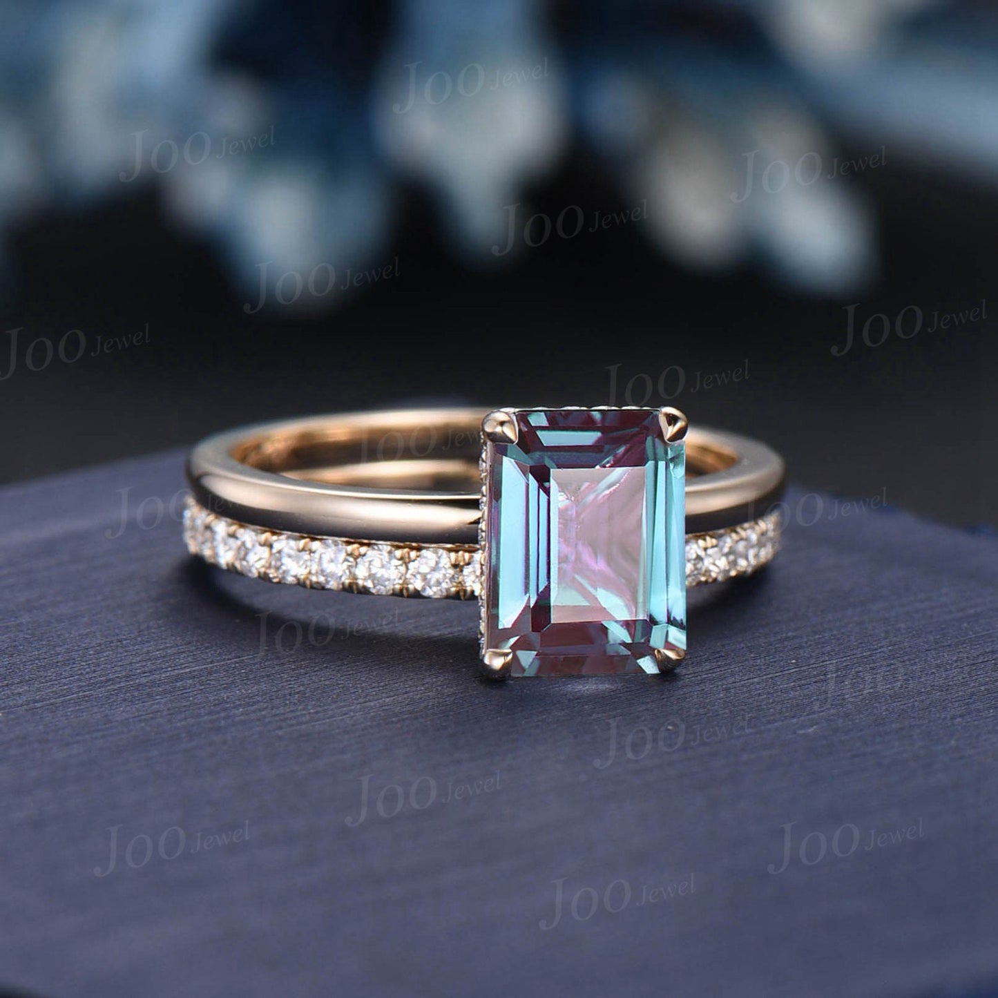 2ct Emerald Cut Color-Change Alexandrite Engagement Ring 14K Yellow Gold Solitaire Alexandrite Wedding Ring Set Hidden Halo Moissanite Ring