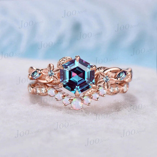 1ct Hexagon Color-Change Alexandrite Bridal Set Nature Floral Alexandrite Ring Vintage Handmade White Opal Vine Flower Wedding Ring Set Gift