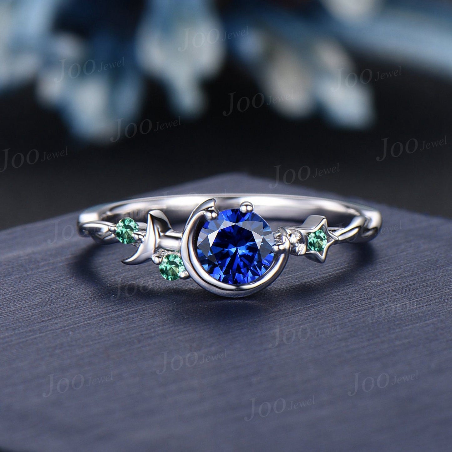 5mm Round Cut Blue Sapphire Moon Engagement Ring Cluster Star Emerald Ring Sterling Silver Celestial Wedding Ring Asymmetrical Promise Ring