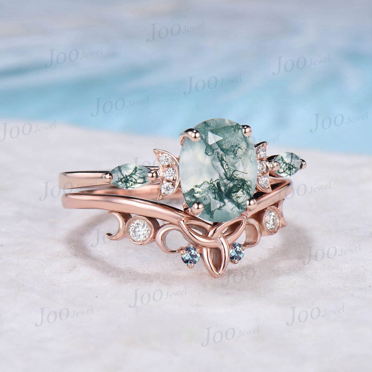 1.5ct Oval Cut Natural Moss Agate Diamond Celestial Engagement Ring Triple Moon Celtic Knot Alexandrite Band Rose Gold Moss Agate Bridal Set