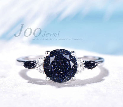 Sterling Silver 1.5ct Galaxy Starry Sky Blue Sandstone Ring Oval Gemstone Jewelry Vintage Cluster Blue Goldstone Personalized Gift for Women