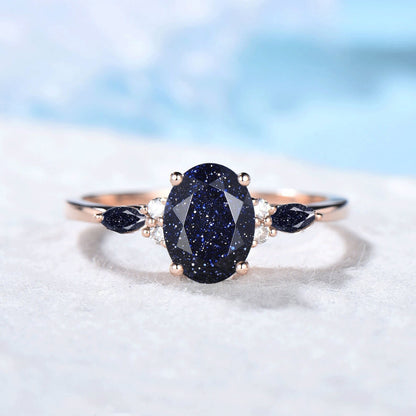 Sterling Silver 1.5ct Galaxy Starry Sky Blue Sandstone Ring Oval Gemstone Jewelry Vintage Cluster Blue Goldstone Personalized Gift for Women