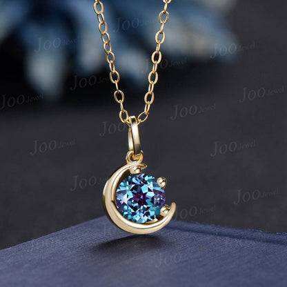 Dainty Round Color-Change Alexandrite Pendant Necklace Silver/14K Solid Gold June Birthstone Wedding Necklace Half Moon Alexandrite Necklace