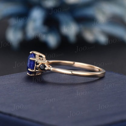1ct Hexagon Cut Natural Lapis Lazuli Engagement Ring 10K Solid Gold Vintage Lapis Gold Black Spinel Wedding Ring Unique Antique Gift for Her