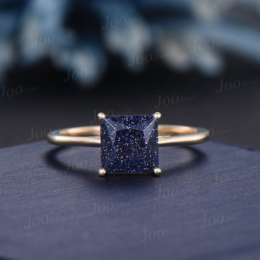 Princess Cut Galaxy Starry Sky Blue Sandstone Engagement Ring Delicate Blue Goldstone Simple Solitaire Wedding Rings Unique Anniversary Gift